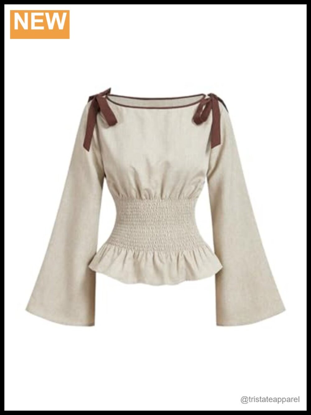 Women's Polyester Peasant Blouse Smocked Waist Tie Bow Long Sleeve Elegant Top